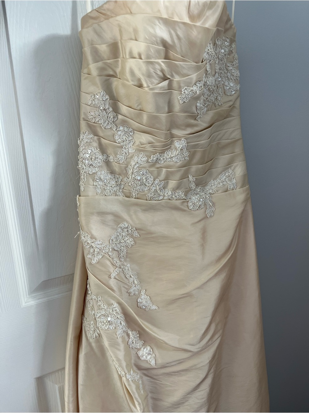 Mandalay Strapless Ivory Evening Gown with Lace Appliqué